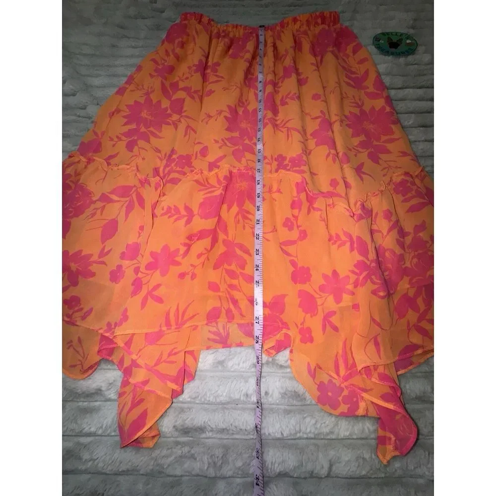 Women's Large 12-14 Orange Pink Chiffon Asymmetric Skirt‎ Y2K 90s Fairy Spring
